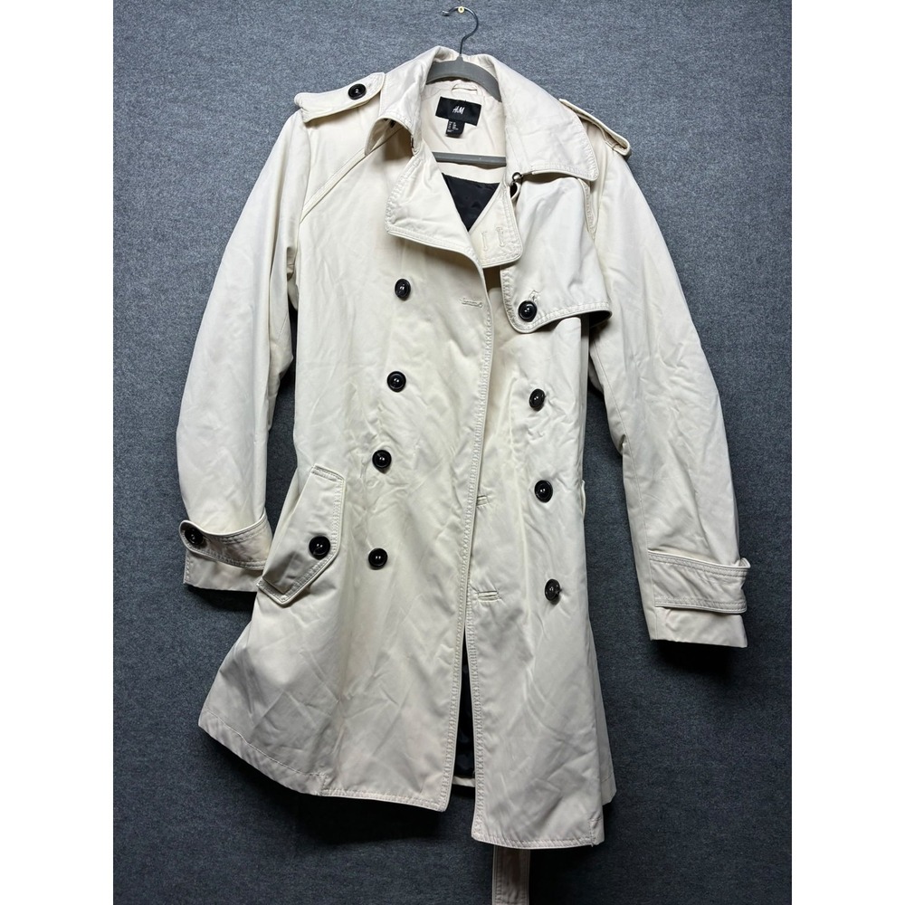 H&M Women's Trench Coat Cream Ivory Double Breasted Belted Size 40R EU 50